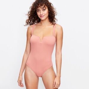 NWT Loft Beach Ribbed V-Bar One Piece Swimsuit In Pink